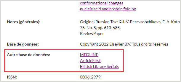 Capture d'écran de l'interface utilisateur de WorldCat Discovery avec la section Autres bases de données mise en évidence par un rectangle rouge