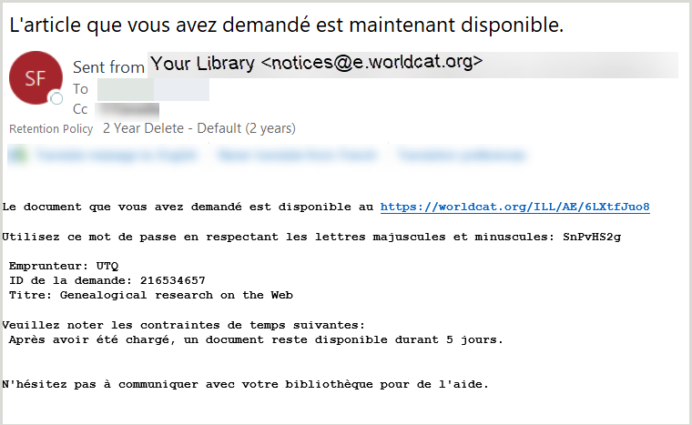 Capture d'écran montrant un exemple d'avis par courrier électronique à un usager